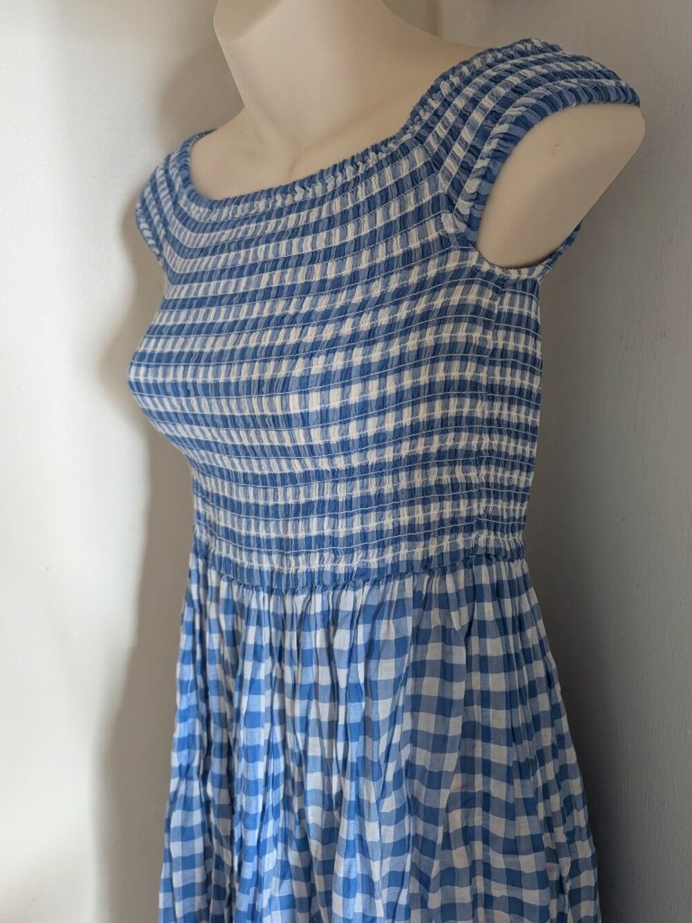 J.Crew - Small, Blue Gingham Smocked Midi Dress – Lightweight Cotton